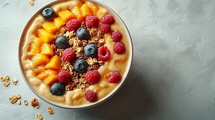 Colorful smoothie bowl topped with fresh fruits, granola, and nuts on a textured background
