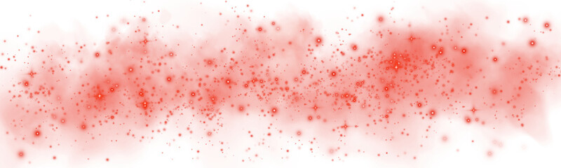 Fantastic red smoke background. Magic red smoke with glitter and small particles of twinkling stars. Fog with luminous particles. Red vapor with stardust. Morning fog over land or water. PNG.
