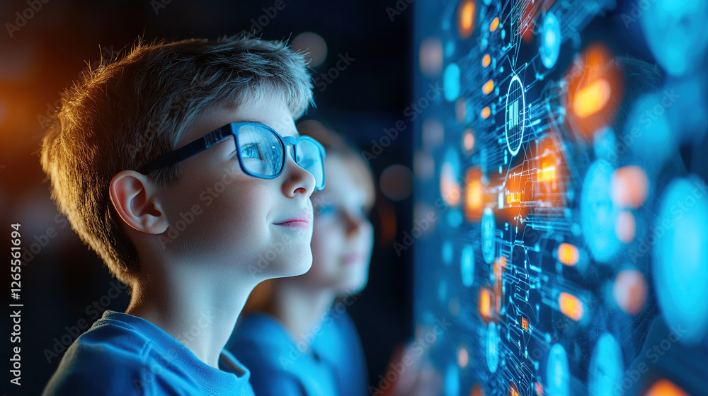 Poster boy learning and exploring digital technology on futuristic interactive screen