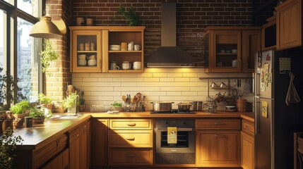Cozy kitchen interior featuring wooden cabinets and brick walls