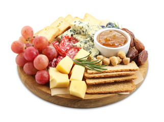 Different types of delicious cheese and other snacks isolated on white