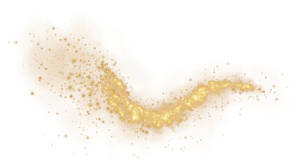 Fantastic golden smoke background. Magic golden smoke with glitter and small particles of twinkling stars. Fog with luminous particles. Yellow vapor with stardust. Morning fog over land or water. PNG
