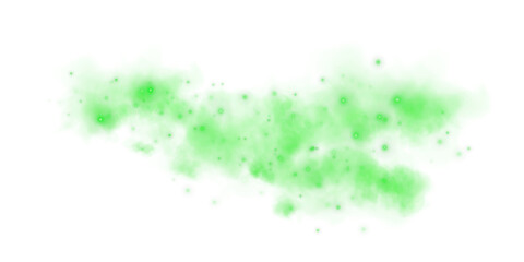 Fantastic green smoke background. Magic green smoke with glitter and small particles of twinkling stars. Fog with luminous particles. Green vapor with stardust. Morning fog over land or water. PNG.