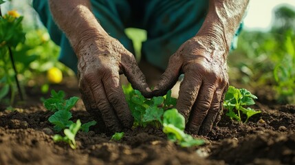 Muddy hands delicately plant seedlings in the garden soil