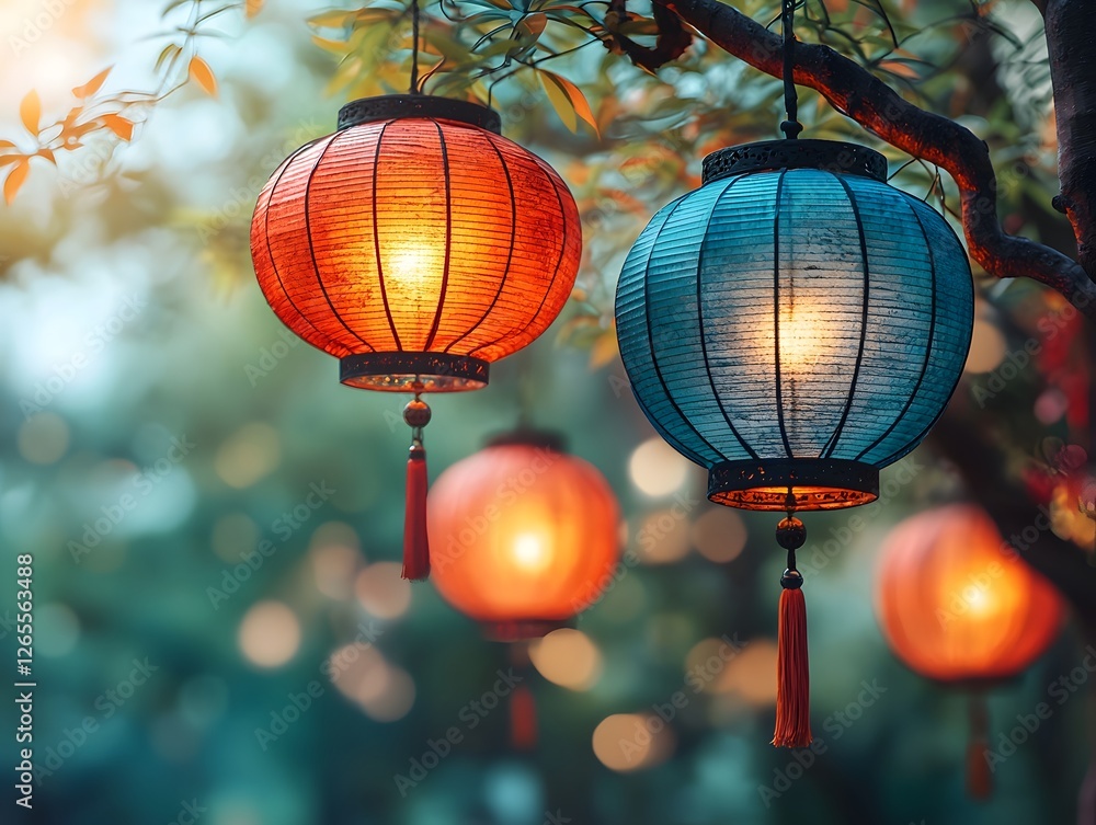 Poster glowing lanterns illuminating a vibrant parade of fireworks and floats symbolizing unity and