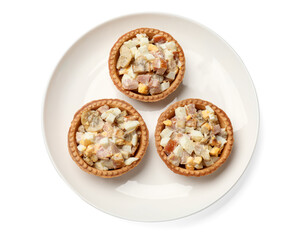 Tartlets with delicious filling isolated on white, top view