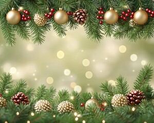 Christmas border of fir branches, ornaments, bokeh lights festive background.