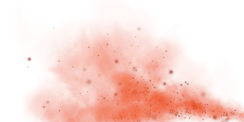 Fantastic red smoke background. Magic red smoke with glitter and small particles of twinkling stars. Fog with luminous particles. Red vapor with stardust. Morning fog over land or water. PNG.