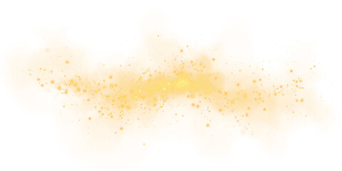 Fantastic yellow smoke background. Magic yellow smoke with glitter and small particles of twinkling stars. Fog with luminous particles. Yellow vapor with stardust. Morning fog over land or water. PNG.