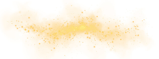 Fantastic yellow smoke background. Magic yellow smoke with glitter and small particles of twinkling stars. Fog with luminous particles. Yellow vapor with stardust. Morning fog over land or water. PNG.