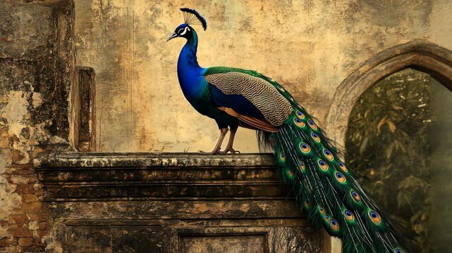 Colorful peacock perched on old stone wall in a serene garden setting during the day