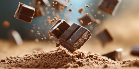 Delicious chocolate squares floating above cocoa powder, creating rich scene