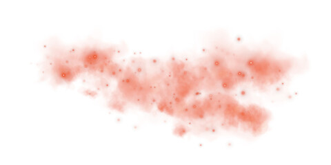 Fantastic red smoke background. Magic red smoke with glitter and small particles of twinkling stars. Fog with luminous particles. Red vapor with stardust. Morning fog over land or water. PNG.
