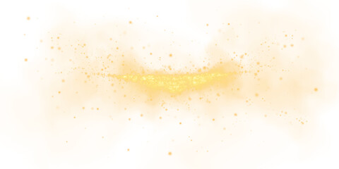 Fantastic yellow smoke background. Magic yellow smoke with glitter and small particles of twinkling stars. Fog with luminous particles. Yellow vapor with stardust. Morning fog over land or water. PNG.