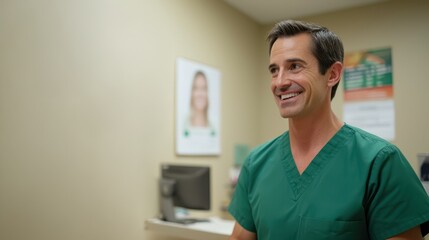 Fototapeta premium Expert Home Loan Advice for Secure Home Ownership. Smiling healthcare professional in scrubs, standing in an office environment.