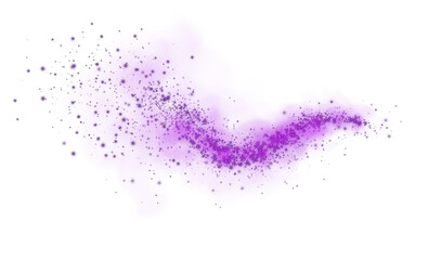 Fantastic purple smoke background. Magic purple smoke with glitter and small particles of twinkling stars. Fog with luminous particles. Purple vapor with stardust. Morning fog over land or water. PNG.