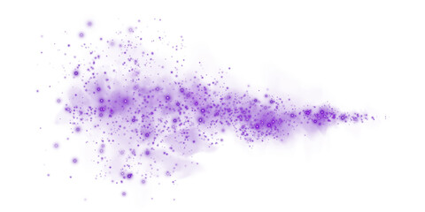 Fantastic purple smoke background. Magic purple smoke with glitter and small particles of twinkling stars. Fog with luminous particles. Purple vapor with stardust. Morning fog over land or water. PNG.