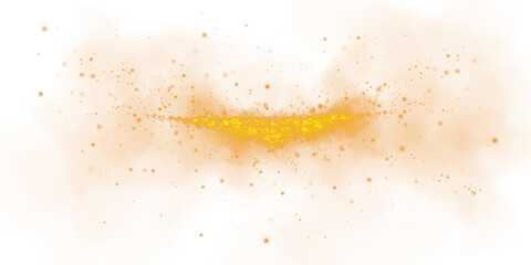 Fantastic orange smoke background. Magic orange smoke with glitter and small particles of twinkling stars. Fog with luminous particles. Orange vapor with stardust. Morning fog over land or water. PNG.