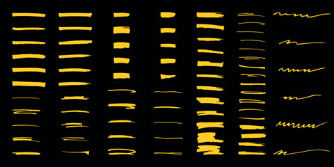Yellow highlighter elements big set, hand drawn marker stripe. Underline, colorful text mark. Markers brushes underline collection. Vector illustration isolated on black background	
