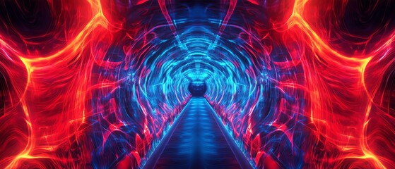 Cybernetic tunnel with bright red and blue neon arcs forming a dynamic pathway