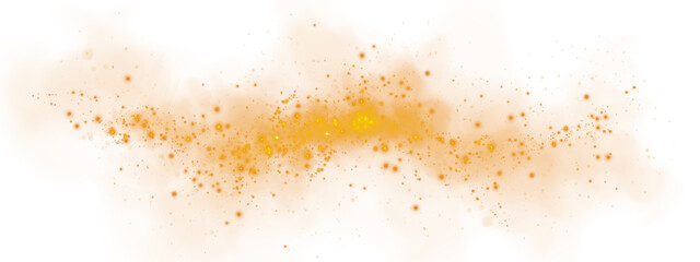 Fototapeta premium Fantastic orange smoke background. Magic orange smoke with glitter and small particles of twinkling stars. Fog with luminous particles. Orange vapor with stardust. Morning fog over land or water. PNG.