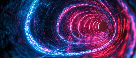 Cybernetic tunnel with bright red and blue neon arcs forming a dynamic pathway