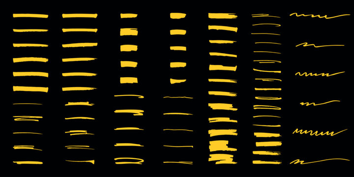 Yellow highlighter elements big set, hand drawn marker stripe. Underline, colorful text mark. Markers brushes underline collection. Vector illustration isolated on black background	