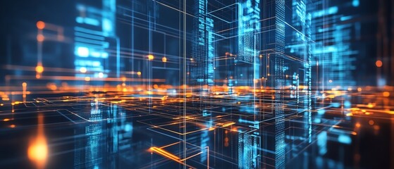 Fototapeta premium Digital twin concept with mirrored holographic architecture and real-time data projections