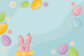 Top view of Easter bunny and yellow, pink, blue and green eggs on isolated pastel blue background with copy space in the middle. Easter party concept. Vector festive background.