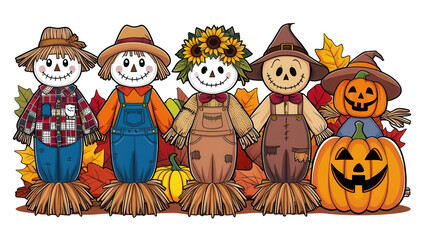 Autumn Harvest Four Friendly Scarecrows with Pumpkins and Fall Leaves