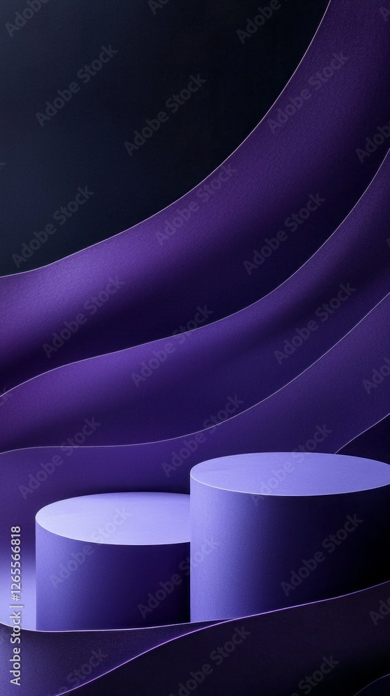Poster Two round empty podiums are arranged front and center within a beautifully curved purple environment, showcasing a harmonious blend of shapes and colors