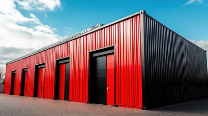 Fototapeta premium Red and Black Industrial Storage Facility Under Clear Blue Sky