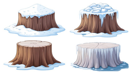 Winter Tree Stump Collection Snow Ice and Frozen Wood Textures