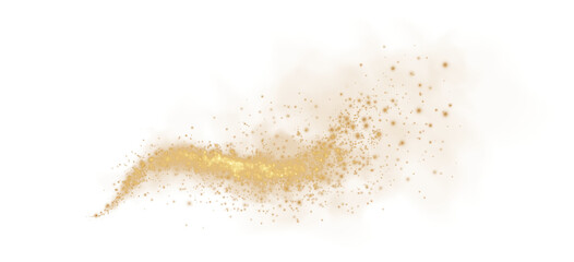 Fantastic golden smoke background. Magic golden smoke with glitter and small particles of twinkling stars. Fog with luminous particles. Yellow vapor with stardust. Morning fog over land or water. PNG
