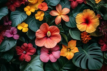 Vibrant floral arrangement featuring various tropical flowers and lush green foliage