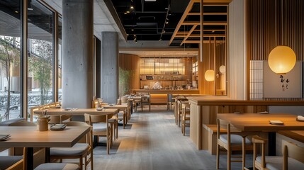 Obraz premium Interior view of a serene contemporary Japanese restaurant design