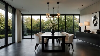  Elegant dining room with dark table, cream chairs, and floor-to-ceiling windows
