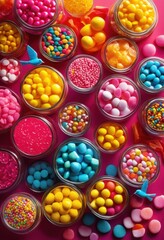 Fototapeta premium vibrant candy assortment playful glass containers showcasing colorful treats whimsical presentation delightful visual appeal, sweets, design, shapes