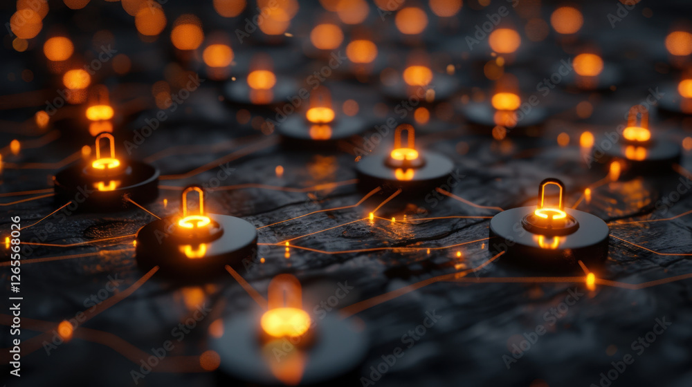 Aufkleber close up view of glowing network nodes connected by lines, creating digital landscape. warm orange l
