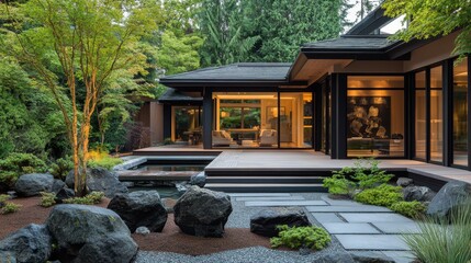 Fototapeta premium Modern house with beautiful zen garden pond and deck