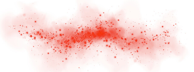 Fantastic red smoke background. Magic red smoke with glitter and small particles of twinkling stars. Fog with luminous particles. Red vapor with stardust. Morning fog over land or water. PNG.