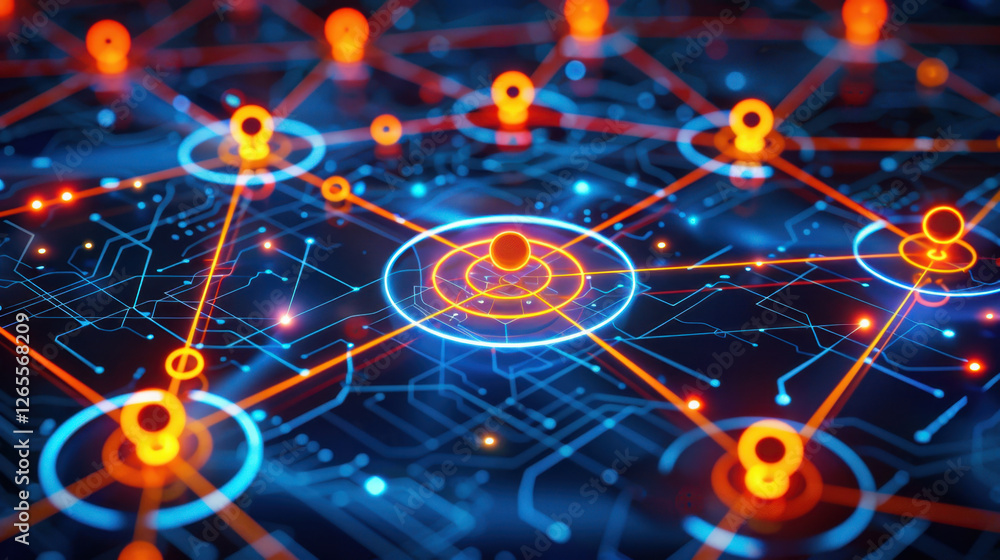 Poster digital network connections with glowing nodes and lines create vibrant visual representation of tec