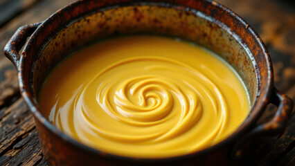 A close-up of a pot filled with melted beef tallow on a wooden surface, showing its yellowish color and smooth texture.