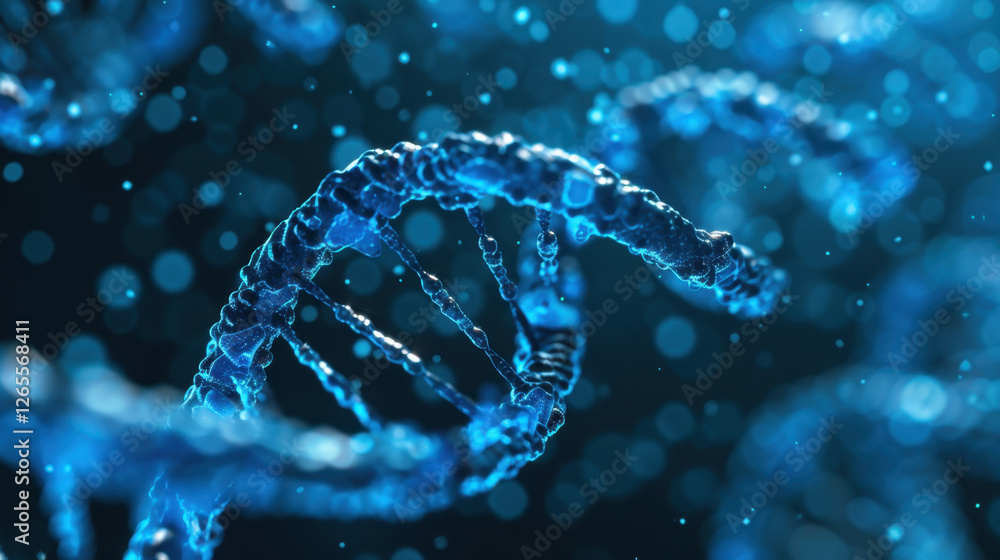 Poster close up view of dna double helix structure, showcasing intricate details and blue color scheme, sym
