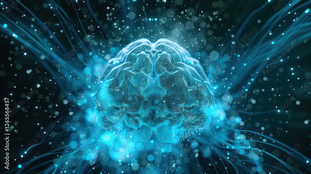 Poster digital brain illustration with glowing blue connections and particles, representing neural activity