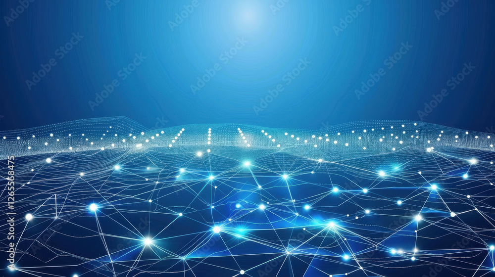 Poster digital landscape featuring interconnected nodes and lines, symbolizing technology and data flow. bl