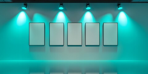 A trapezoidal white wall illuminated by five teal spotlights, holding four rectangular blank frames aligned in a vertical row. The reflective floor highlights the symmetry.