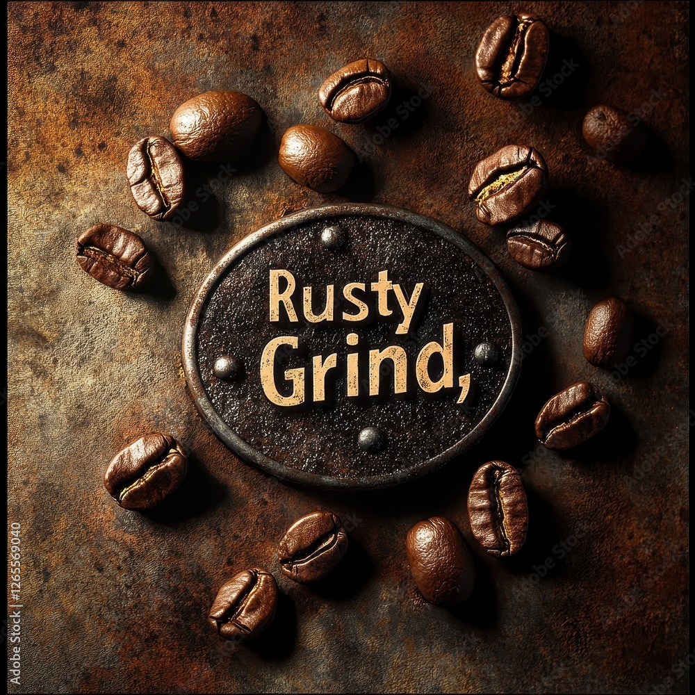 Poster coffee beans arranged around a plate with text rusty grind