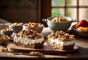 creamy fresh dairy spread generously slathered nutritious whole grain bread slice perfect healthy snack breakfast option, cheese, butter, dip, toast, topping