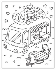 Kawaii-style coloring page featuring an adorable animal-themed food truck with smiling animal characters serving treats, surrounded by playful elements, drawn in black and white line art for coloring